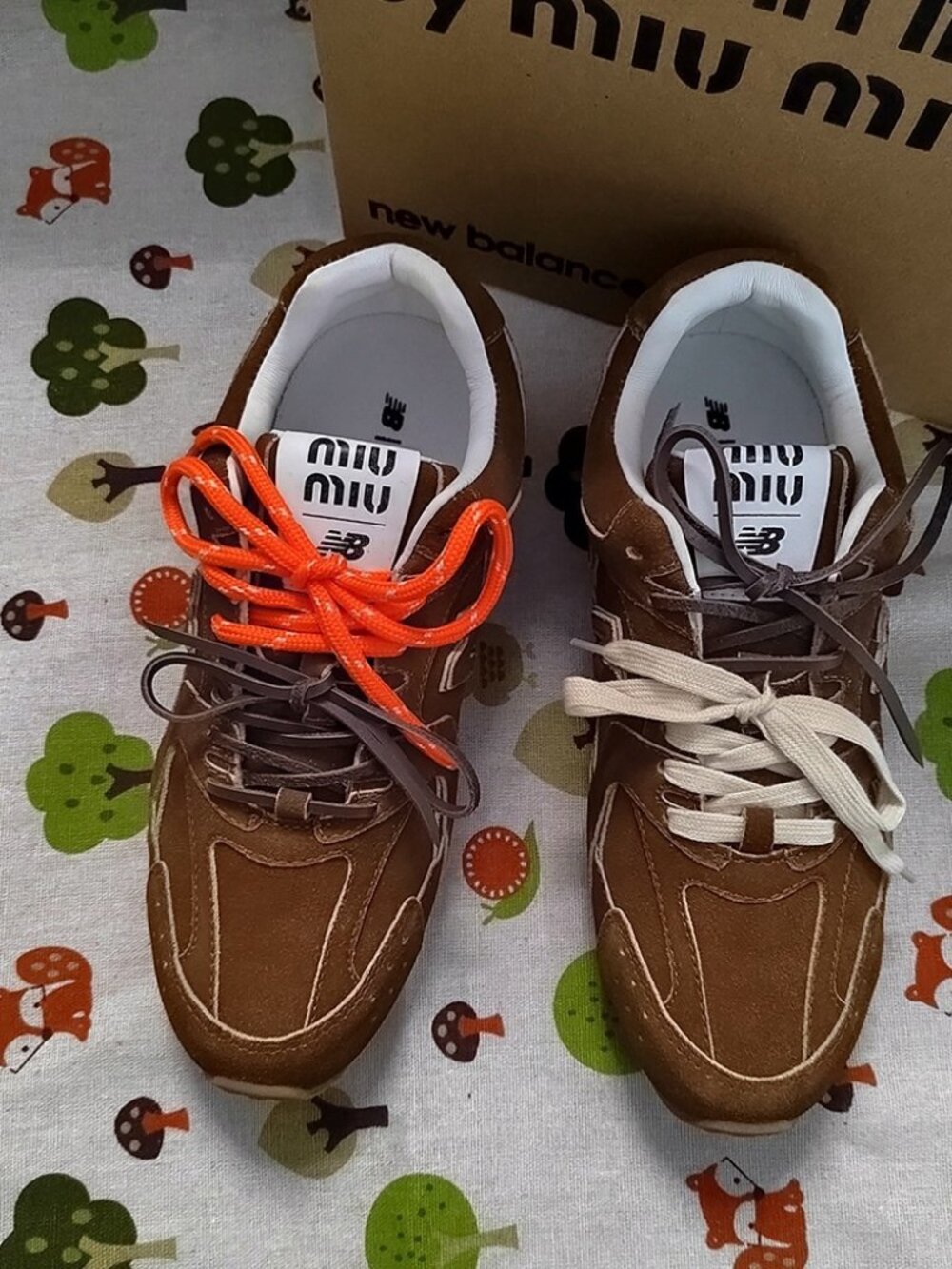 Miu Miu Brown Suede Sneakers with Orange, Beige and Dark Brown Laces